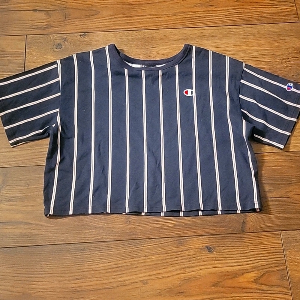 Champion navy crop tee with white stripes, Size Large.